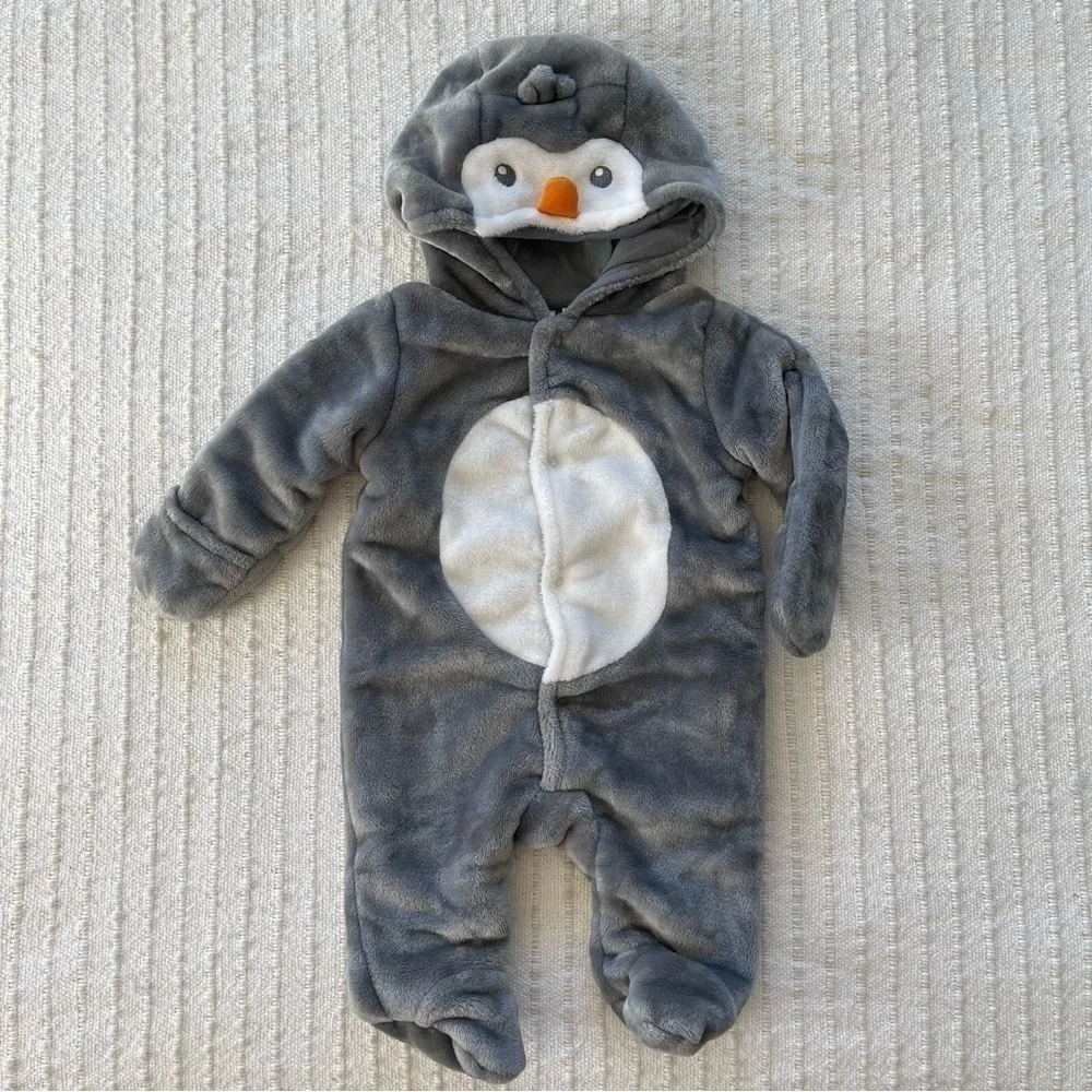 Bundle of two baby winter snowsuits, novelty penguin and neutral navy size 0-3